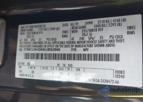 2019 Ford Escape Sel from USA, damaged, VIN 1FMCU9HD8KUB92966